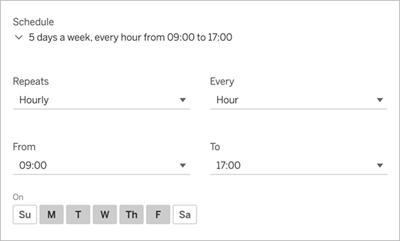 A scheduler configured to repeat every hour, Monday through Friday, from 9:00 to 17:00.
