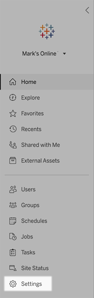 Tableau Cloud navigation menu with settings option.