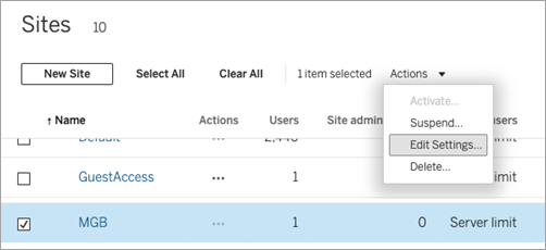 Edit Settings on a Tableau Site.