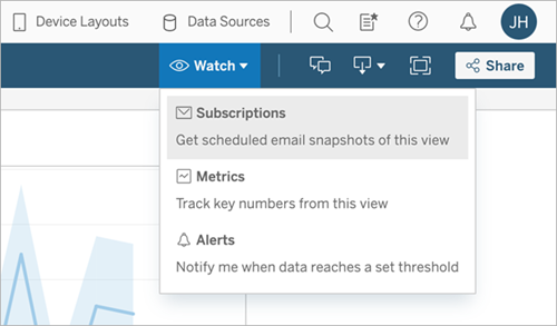 Subscription path on the Tableau Cloud toolbar.