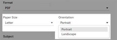 A PDF format menu with dropdown lists for paper size and orientation.