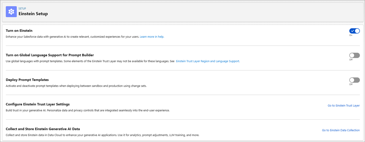 Einstein Setup dialog with options to enable Einstein generative AI, Trust and Auditing