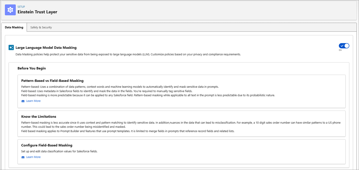 Einstin Trust Layer and PII masking settings page.