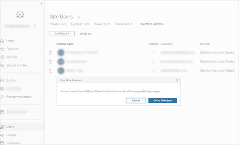A dialog box prompting you to confirm your departure from Tableau Online to the webstore where you can buy more licenses.