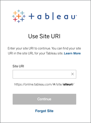 Tableau Site URI login window.
