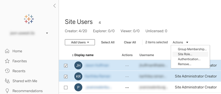 The Site Users list with Site Role highlighted in the actions menu.