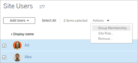 A user list with display names, two of which are selected to be part of a group action.