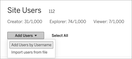A Site Admin can add users by email or import from a file.