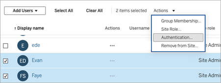 An actions menu with the option for authentication.