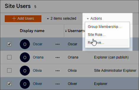 A table of site users with a dropdown menu open showing the option to remove users.