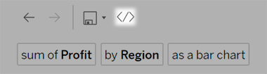 Embed icon highlighted in a portion of a dashboard.