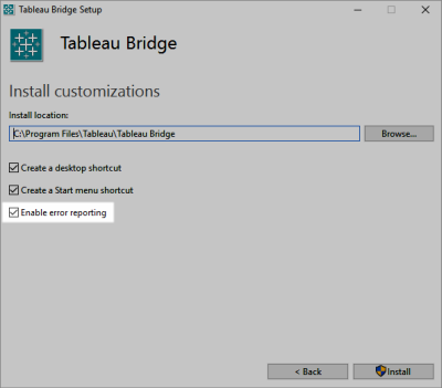 A Tableau Bridge installation screen with options to create desktop shortcuts and enable error reporting.