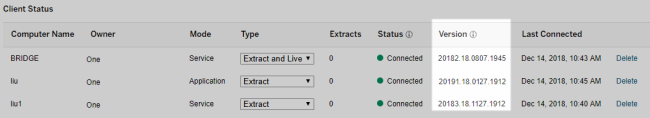 Client Status table with the Version column highlighted. 