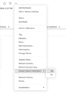 Menu contenant une notification d’échec de création d’extrait