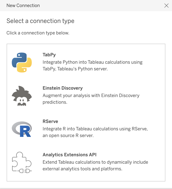 顯示「新增連線」對話方塊，其中包含四種連線類型選取選項：TabPy、Einstein Discovery、RServe 和分析擴充功能 API。