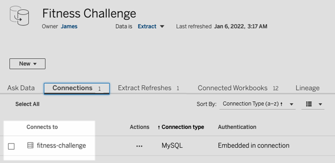 Tableau Cloud 和 Server 的「連線」索引標籤。
