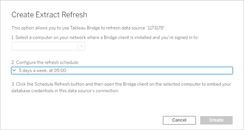 Tableau Bridge 下拉式功能表，其中包含使用 Bridge 進行排程的選項。