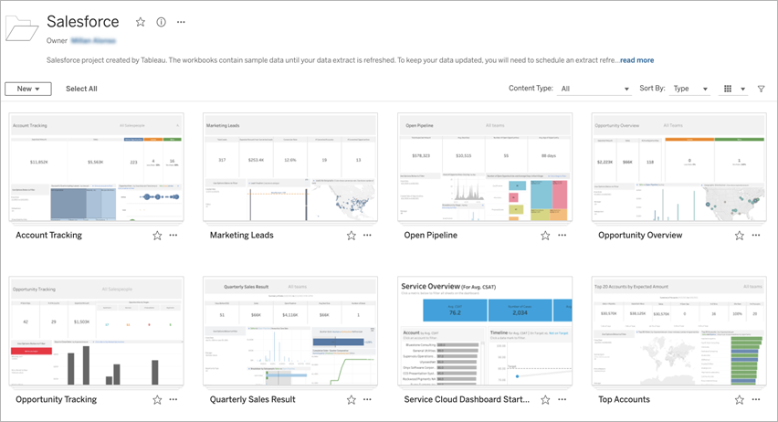 Tableau Cloud 中的 Salesforce 專案資料夾。