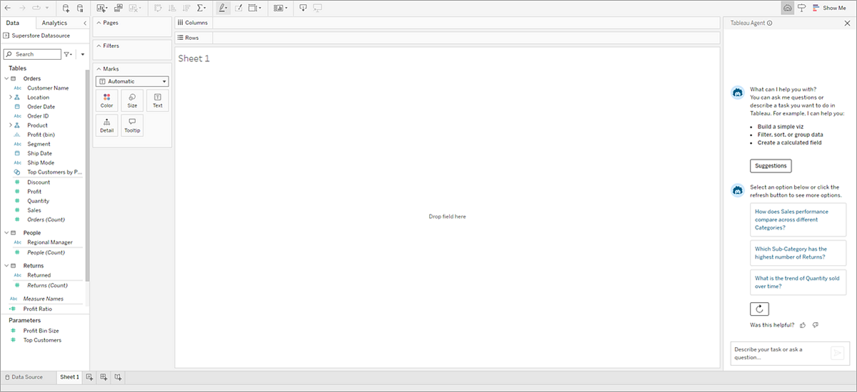 Tableau Agent 窗格開啟的空白畫布會顯示「建議」按鈕。
