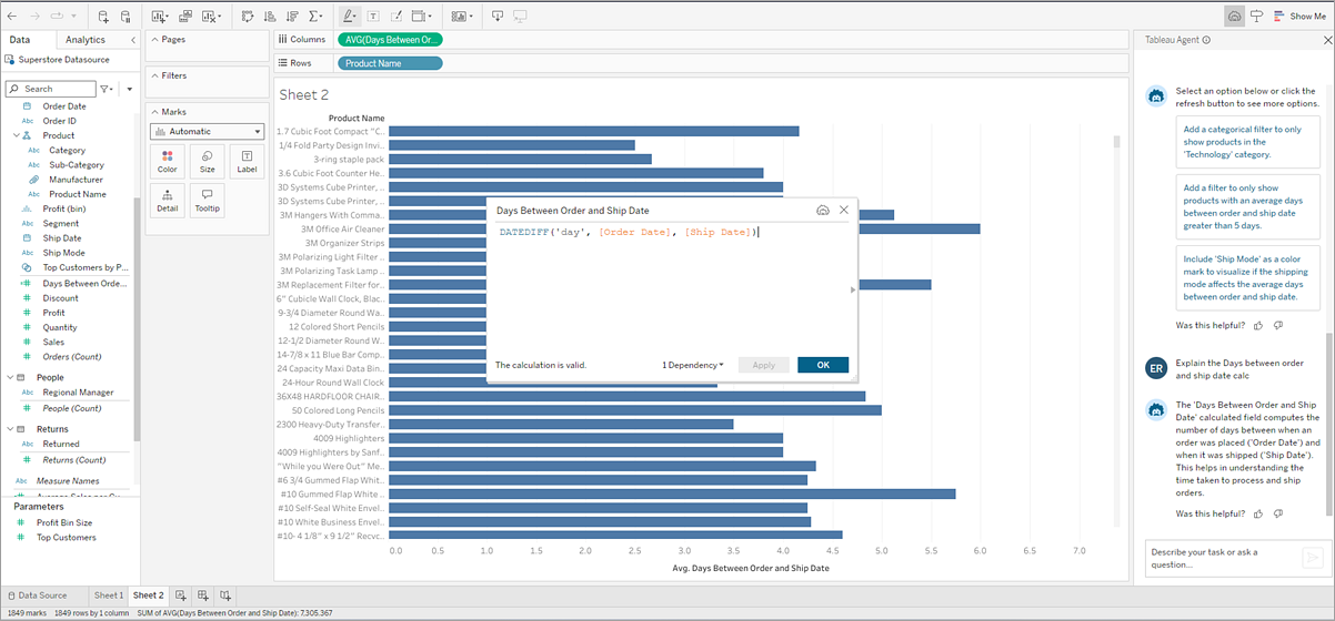 Tableau Agent 對話方塊顯示計算描述。