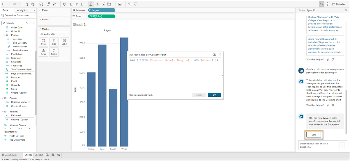 顯示橫條圖的視覺效果，其中計算編輯器與 Tableau Agent 對話窗格為開啟狀態。在對話窗格中會醒目提示「編輯」按鈕。