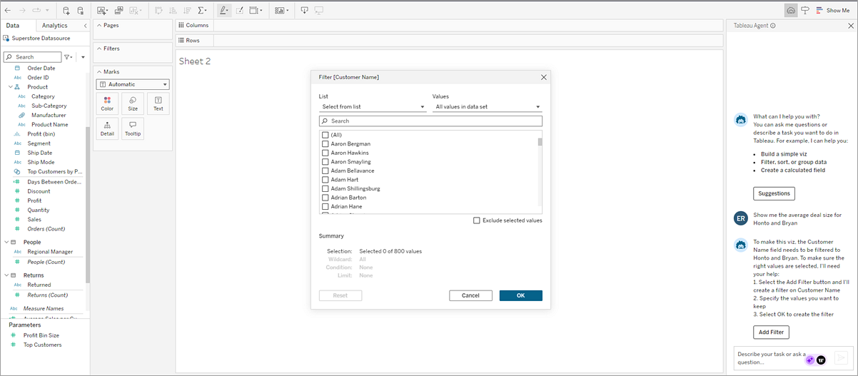 配備 Tableau Agent 窗格的視覺效果畫布，描述如何新增篩選器與開啟篩選器對話方塊。
