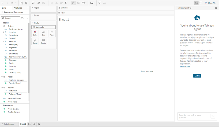 開啟 Tableau Agent 對話窗格的空白工作表，顯示免責聲明文字與「知道了」按鈕