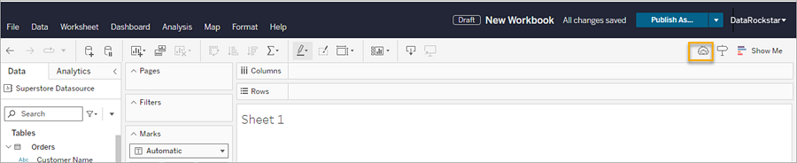 空白 Tableau 工作表中醒目顯示「Tableau Agent」按鈕