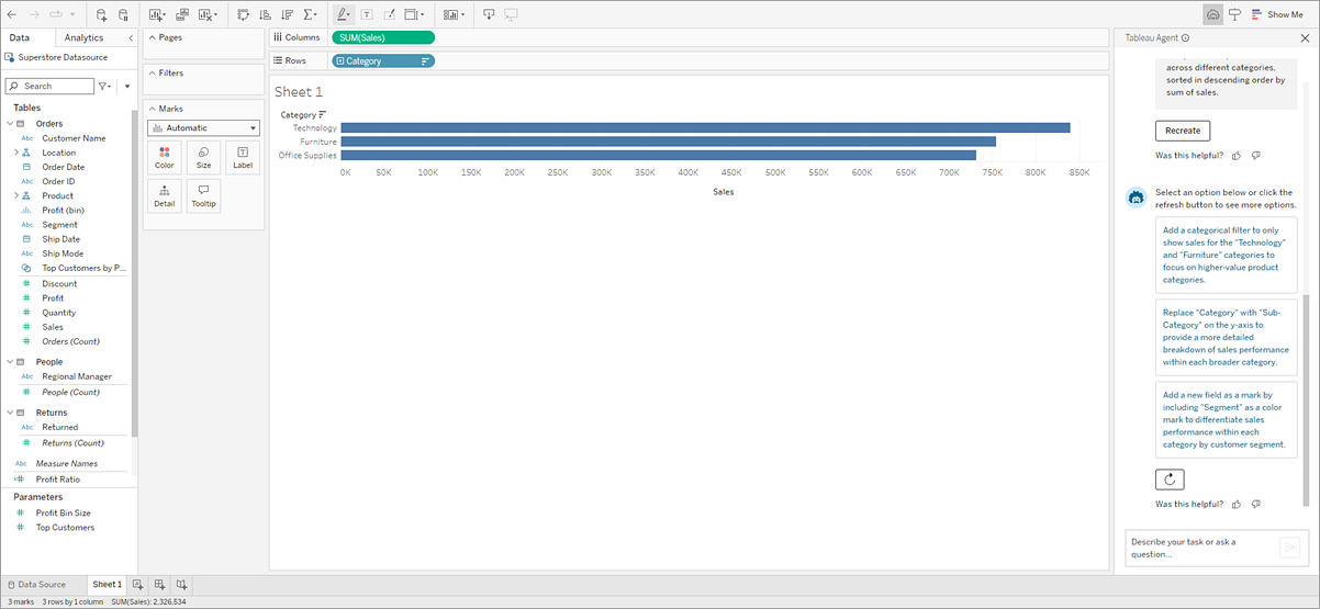 Tableau Agent 窗格開啟的視覺效果，顯示後續分析步驟的建議。 