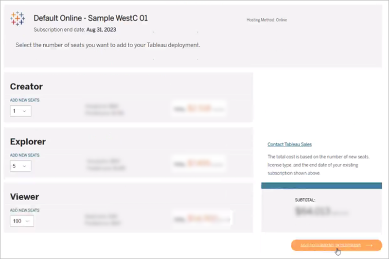 用於向 Tableau 部署新增席位的表單。