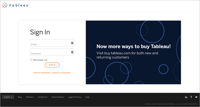 Tableau 登入頁面。 