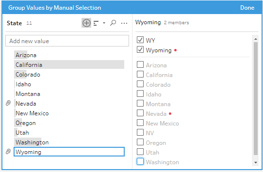 Group Values editor in Tableau Prep showing values that aren't in the data set marked with a red dot next to the value names.