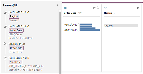 The Changes pane showing a list of all the changes made in a Tableau Prep flow step.