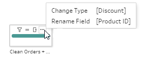 A clean step in a Tableau Prep Flow showing the annotations toolitp with the list of cleaning actions applied to that step.
