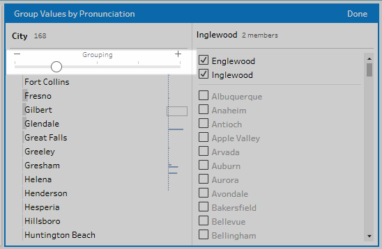 Group by Pronunciation dialog with a list of city names grouped.