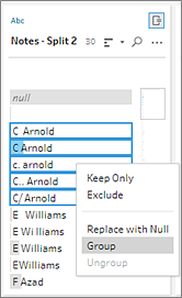 A column of variations of the name "C Arnold" selected with the action "Group"