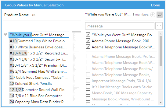 Group Values by Spelling menu with three items selected under "Product Name". 