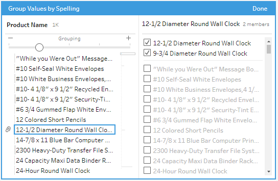 Group Values by Spelling menu with three items selected under "Product Name". 