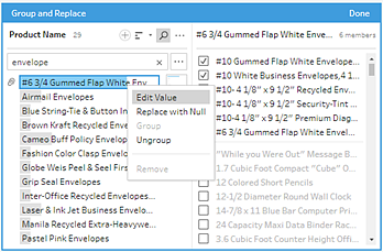 A Group and Replace menu and choices to edit value of selected envelopes.
