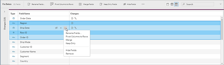 The menu options to clean a field when in List View.