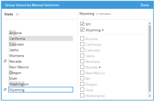 Group Values editor in Tableau Prep with the option to select values from a list to add to the group.