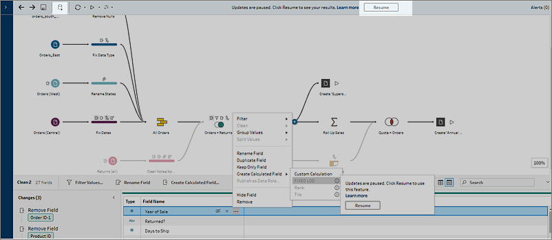 The flow screen is paused. The Resume button is highlighted at the top of the page.