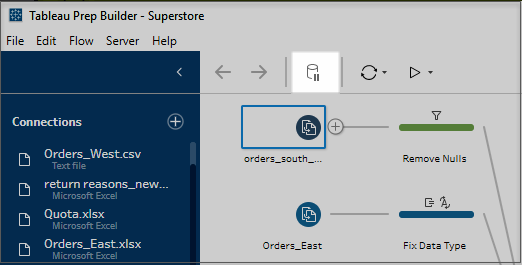 The Pause button on the Tableau Prep Builder screen.