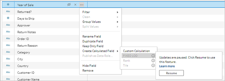 The More options (three dots) menu is open, and a Resume button appears on a flyout menu.