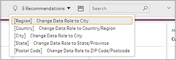 A list of recommendations to alter the data role for Region, Country, City, State and Postal Code.