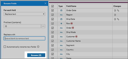 Rename fields button.