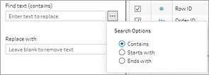 Search options to search for text that contains, starts with and ends with.