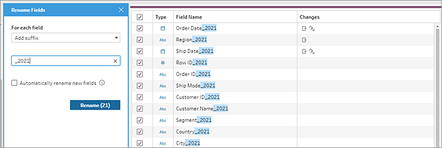 Option to rename fields by adding a suffix to each field.