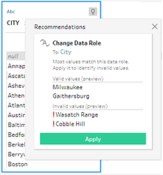 Tableau Prep recommendations dialog with options to apply recommendations.