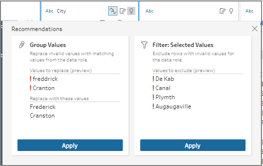 Tableau Prep recommendations to Group and Filter values.